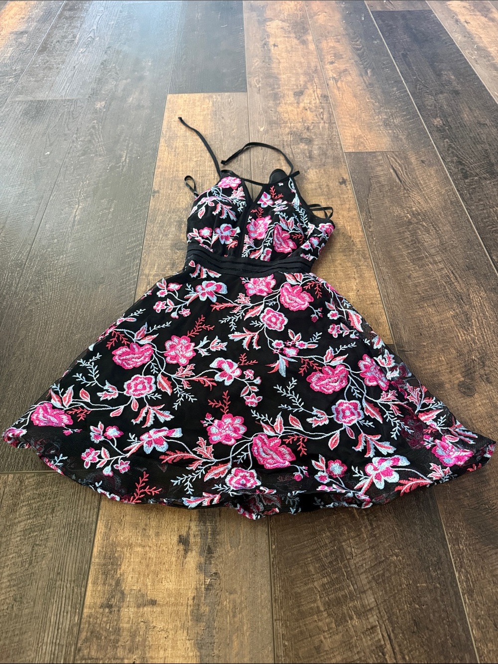 by & by Black Mini Dress with Pink Floral Embroidery
